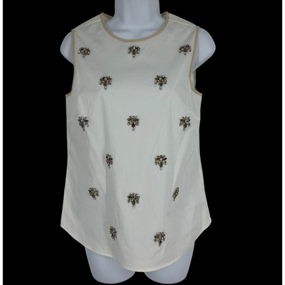 J Crew Factory Tank Top White Beige Jeweled Front Sleeveless Blouse Womens Sz 0